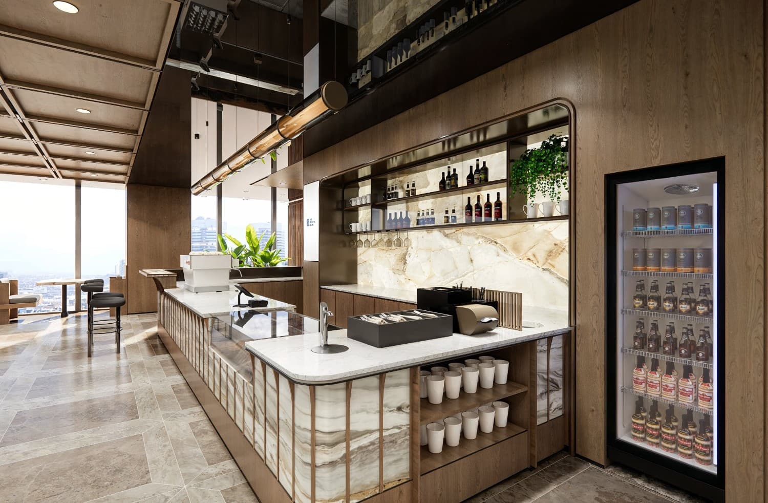 A view of the cafe area at The Executive Centre, Six NEO L28, featuring seating and a barista bar