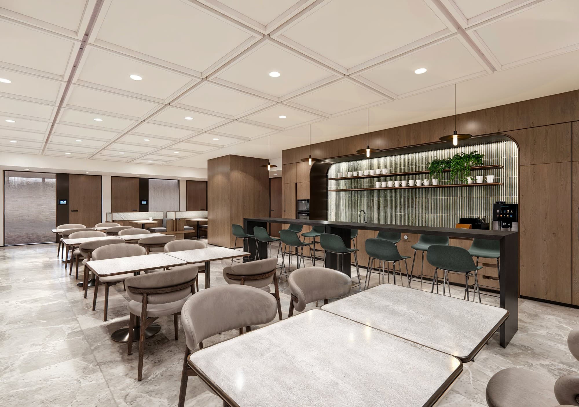 A well-appointed Pantry area with seating and refreshments at The Executive Centre's Six NEO in Manila