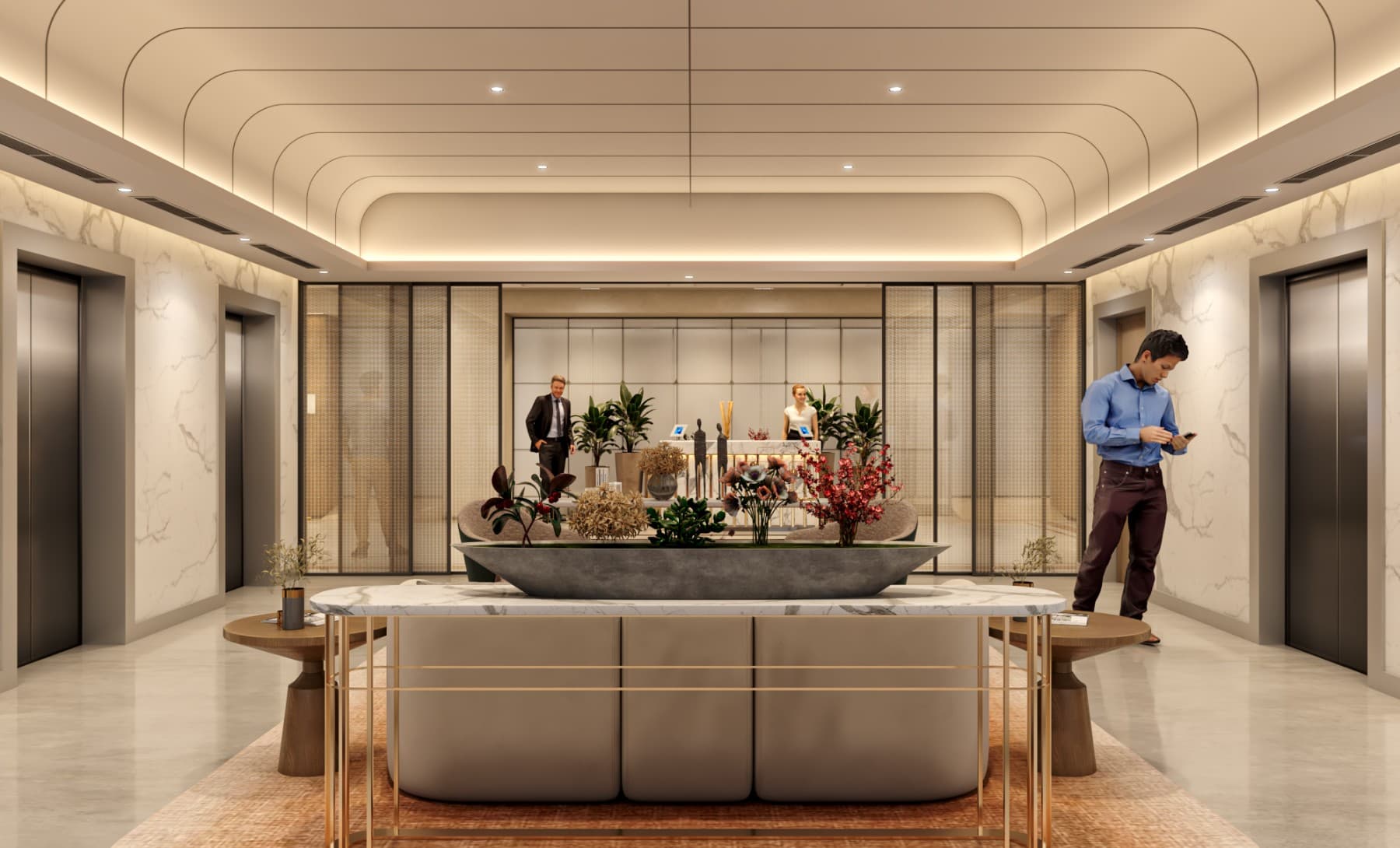 Lobby area at Raheja 3F in Mumbai showcasing surrounding business district