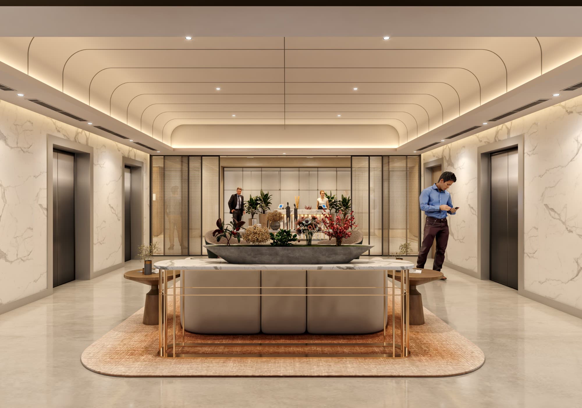 Lobby area of Raheja 3F in Mumbai, featuring modern seating and design elements
