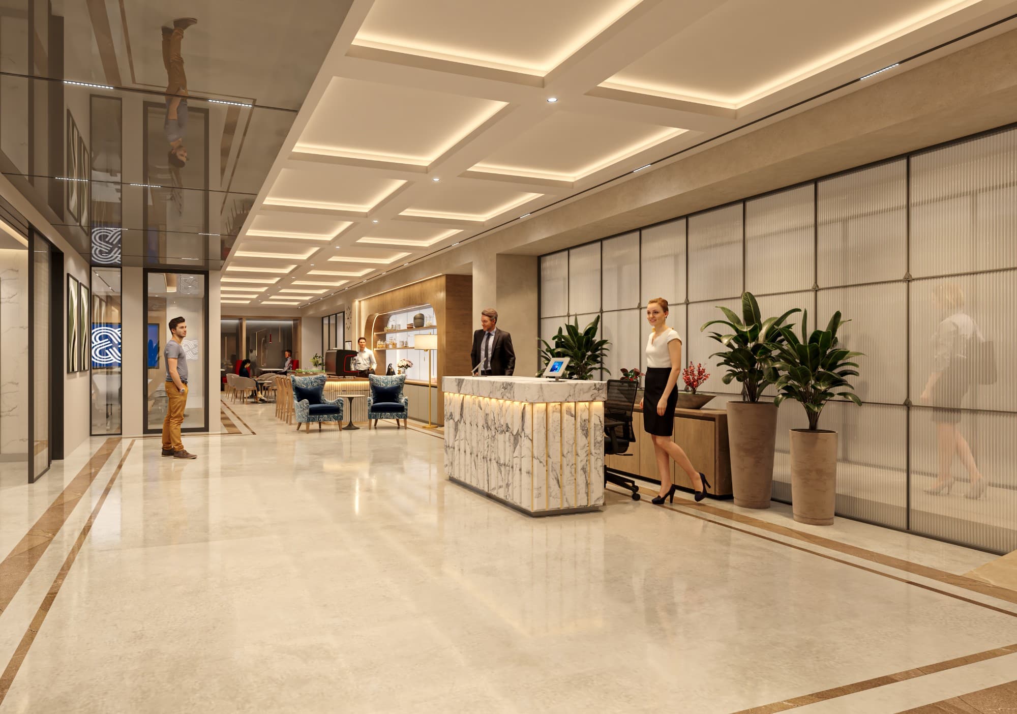 Reception area inside The Executive Centre at Raheja 3F, Mumbai, showcasing modern design and seating