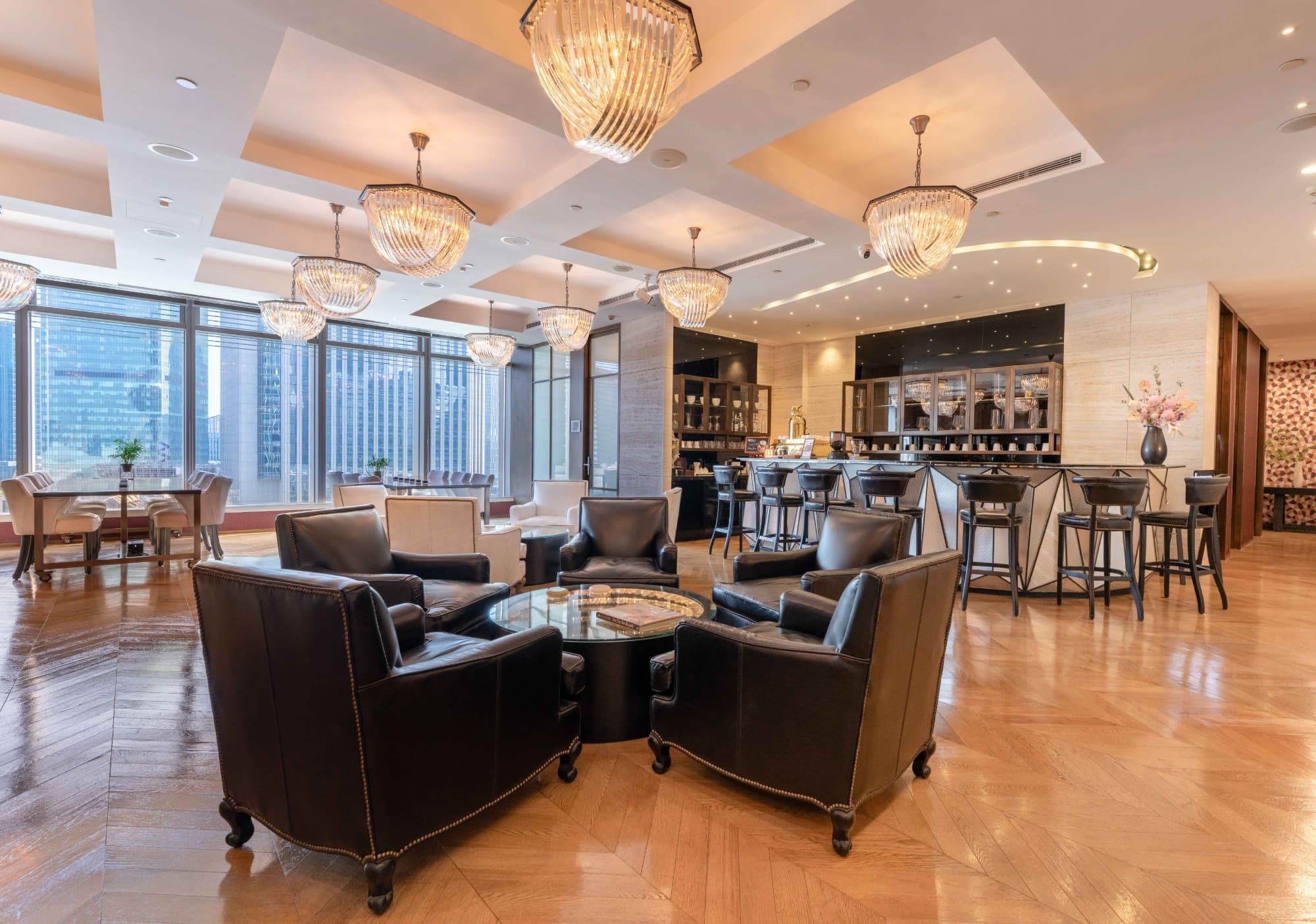 TEC lounge with contemporary seating and premium finishes at Shanghai International Finance Center Level 8 coworking centre