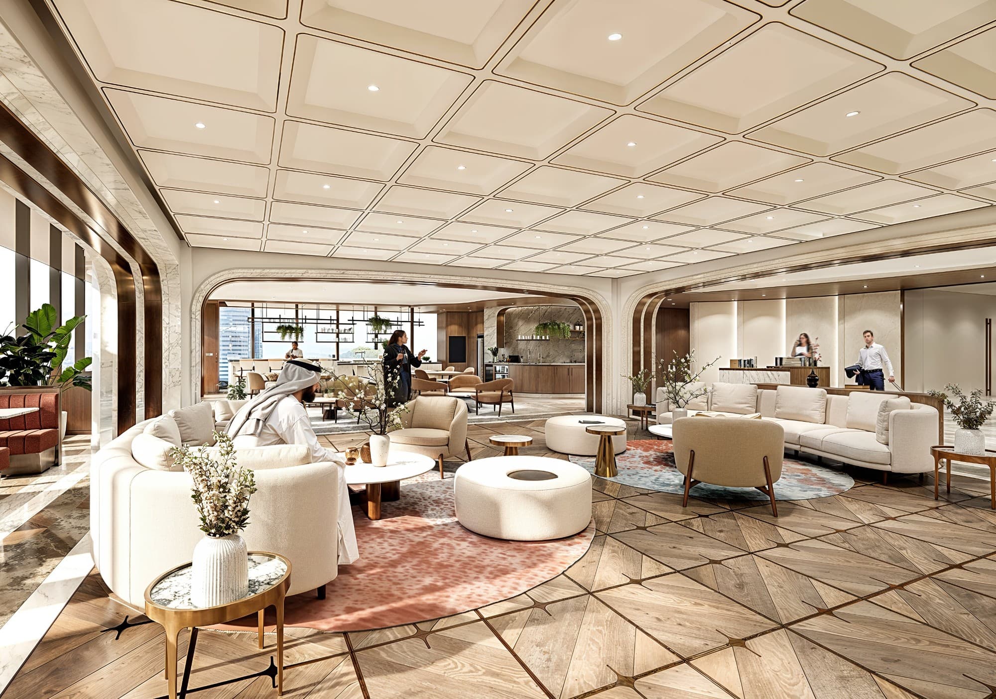 Lounge area with reception and barista bar in Sweid One, Dubai