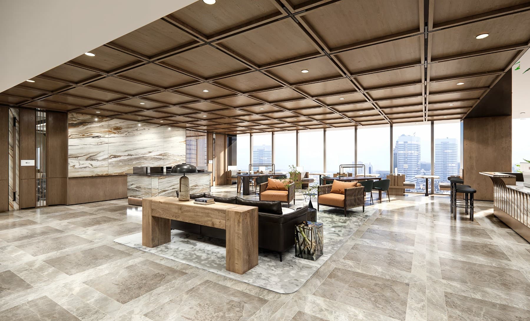 Interior view of the Event Space and Lounge in Six NEO L28, featuring a modern coworking setup